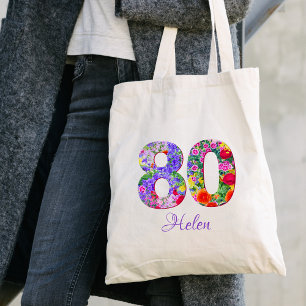 80th Birthday Neighbour Gift – Floral Name 80 Year Tote Bag