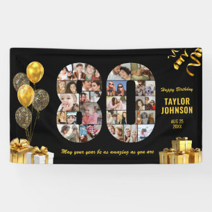 80th Birthday Number 80 Photo Collage Black Gold Banner