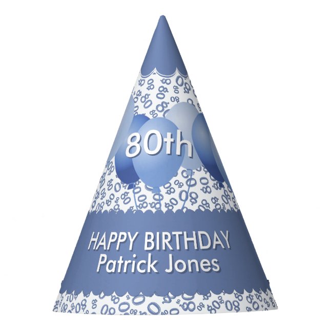 80th Birthday Number Pattern Blue/White Scallops Party Hat (Front)