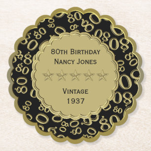 80th Birthday Number Pattern Gold/Black Scallops Paper Coaster