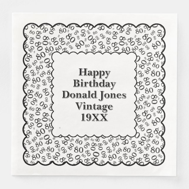 80th Birthday Number Pattern Scallops Black/White Napkin (Front)