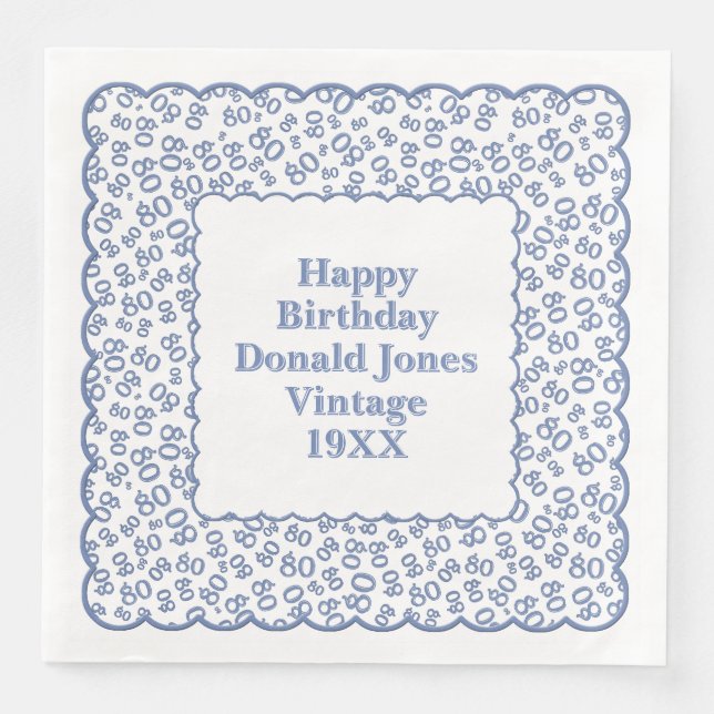 80th Birthday Number Pattern Scallops Blue/White Napkin (Front)