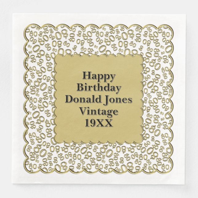 80th Birthday Number Pattern Scallops Gold/White Napkin (Front)