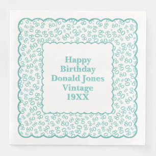80th Birthday Number Pattern Scallops Teal/White Napkin