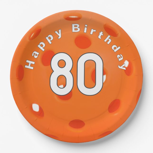80th Birthday Orange Pickleball Paper Plate (Front)