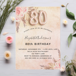 80th birthday pampas grass rose flowers invitation