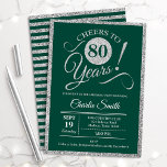 80th Birthday Party - ANY AGE Green Silver Invitation<br><div class="desc">80th birthday party invitation for men or women. Elegant invite card in green with faux glitter silver foil. Features typography script font. Cheers to 80 years! Can be personalized into any year. Perfect for a milestone adult bday celebration.</div>
