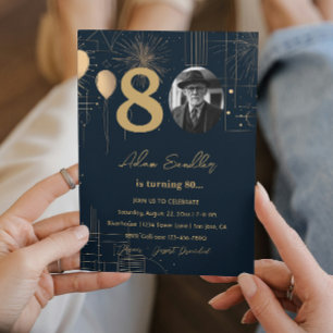 80th birthday party balloons and fireworks  invitation