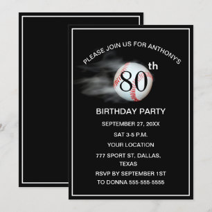 80th Birthday Party Baseball Black Dad Sport  Invitation