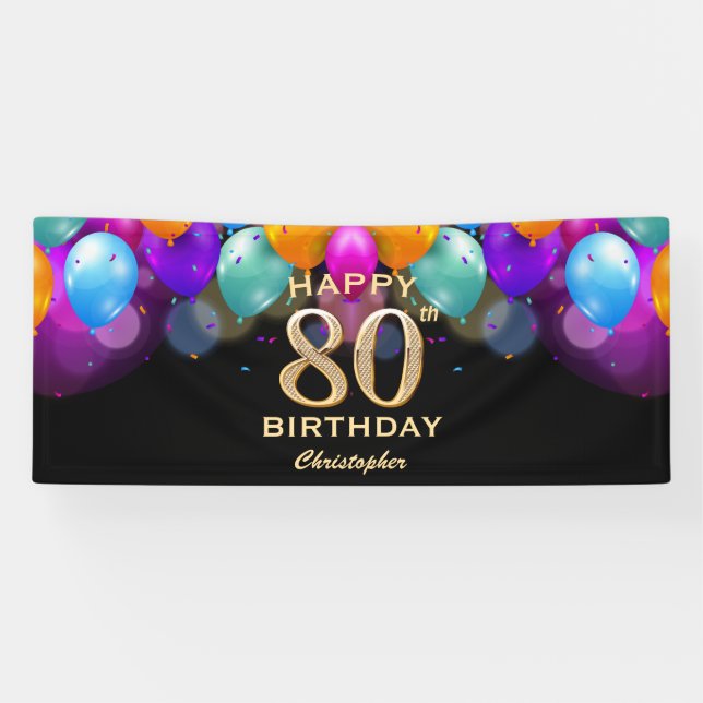 80th Birthday Party Black and Gold Balloons Banner (Horizontal)