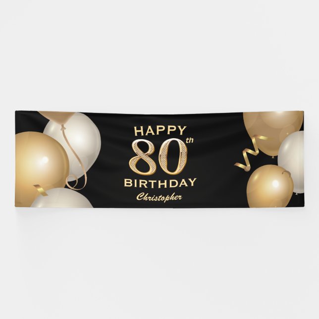 80th Birthday Party Black and Gold Balloons Banner (Horizontal)
