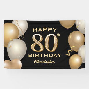 80th Birthday Party Black and Gold Balloons Banner