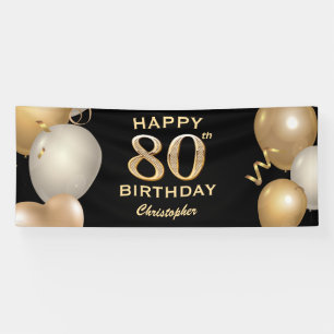 80th Birthday Party Black and Gold Balloons Banner