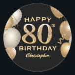 80th Birthday Party Black and Gold Balloons Classic Round Sticker<br><div class="desc">80th Birthday Party Black and Gold Balloons and Confetti Sticker. For further customization,  please click the "Customize it" button and use our design tool to modify this template.</div>