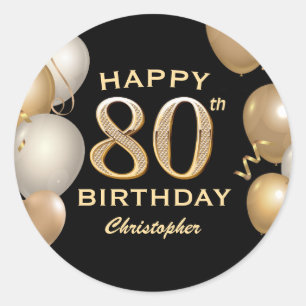 80th Birthday Party Black and Gold Balloons Classic Round Sticker