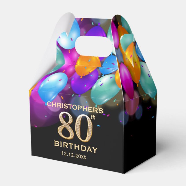 80th Birthday Party Black and Gold Balloons Favor Box (Front Side)