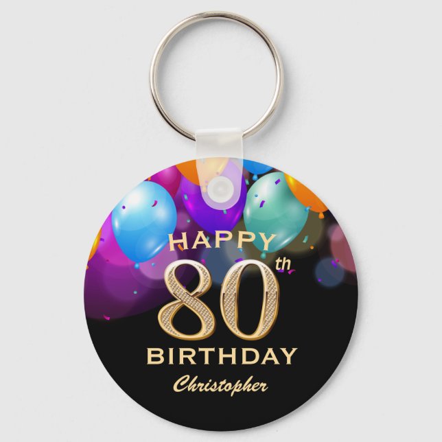 80th Birthday Party Black and Gold Balloons Keychain (Front)