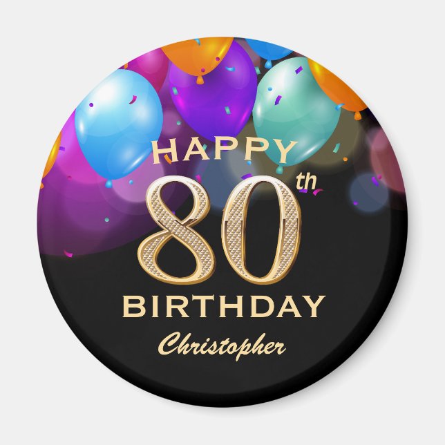 80th Birthday Party Black and Gold Balloons Magnet (Front)