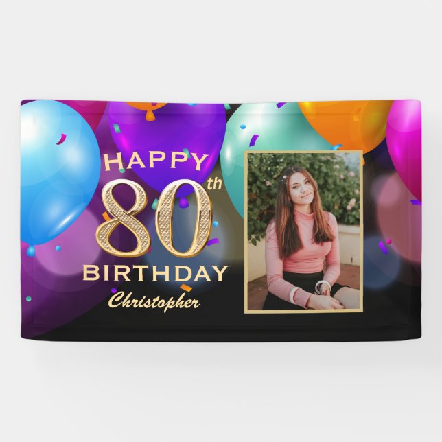 80th Birthday Party Black and Gold Balloons Photo Banner (Horizontal)
