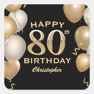 80th Birthday Party Black and Gold Balloons Square Sticker