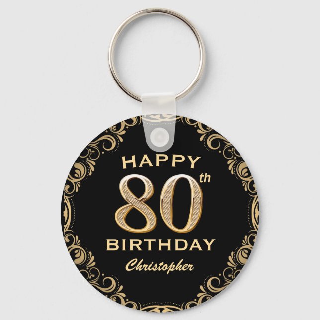 80th Birthday Party Black and Gold Glitter Frame Keychain (Front)