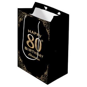 80th Birthday Party Black and Gold Glitter Frame Medium Gift Bag