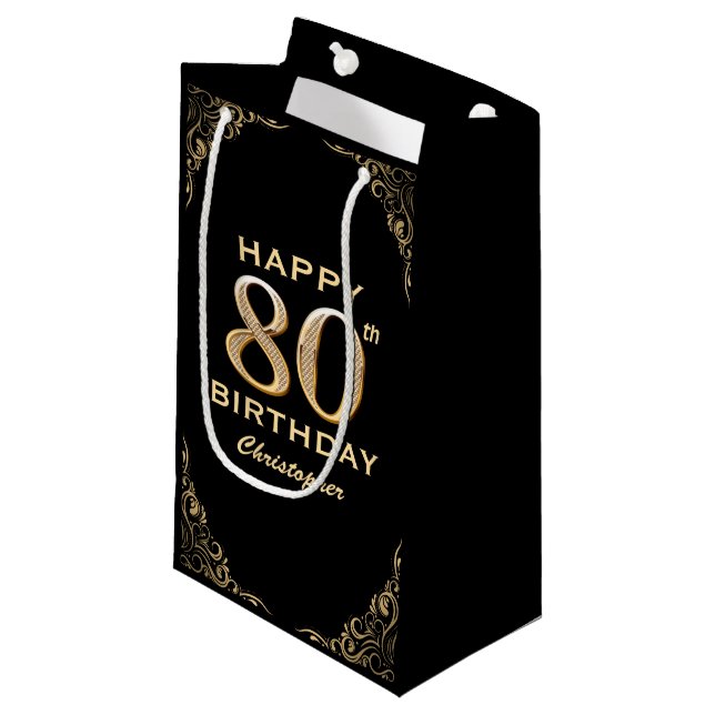 80th Birthday Party Black and Gold Glitter Frame Small Gift Bag (Front Angled)