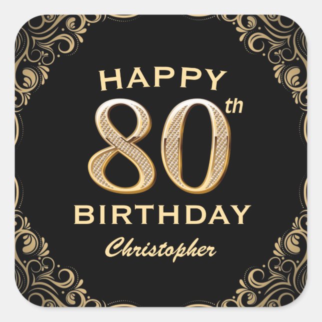 80th Birthday Party Black and Gold Glitter Frame Square Sticker (Front)