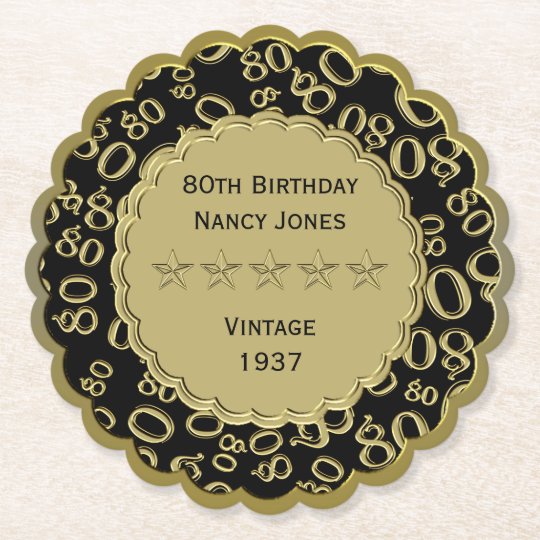 80th Birthday Party Black and Gold Theme Paper Coaster
