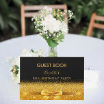 80th birthday party black gold bow glam sparkle guest book<br><div class="desc">Elegant, classic, glamourous and feminine. A faux gold coloured ribbon with a bow with golden faux glitter and sparkle, a bit of bling and luxury. A guestbook for a 80th birthday party. The name is written with golden trendy hand lettered style script. Black background. Spine: template for your own text....</div>