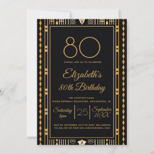 80th Birthday Party Black Gold Elegant Customize Invitation