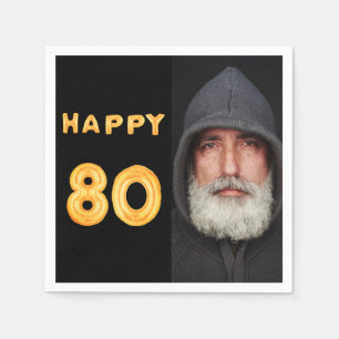 80th birthday party black gold photo man guy napkin