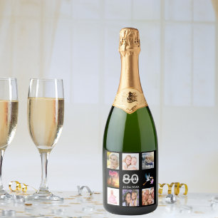 80th birthday party black photo collage sparkling wine label