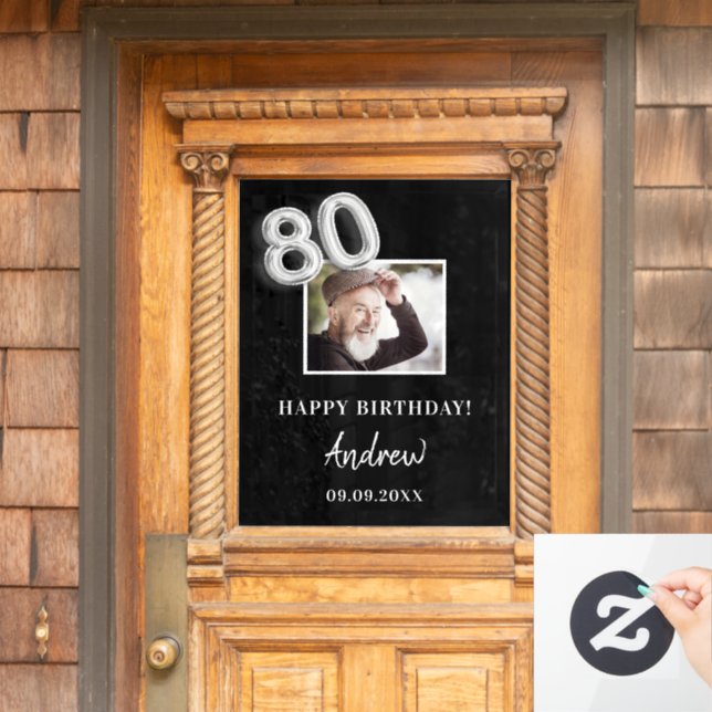 80th birthday party black photo name guy window cling (Home Door)