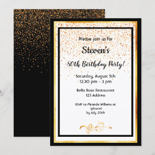 80th birthday party black white and faux gold invitation
