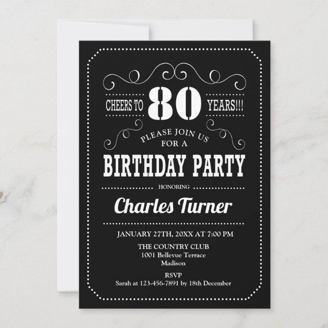 80th Birthday Party - Black White Invitation (Front)