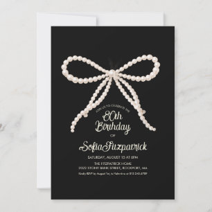 80th Birthday Party Black White Pearl Bow Invitation