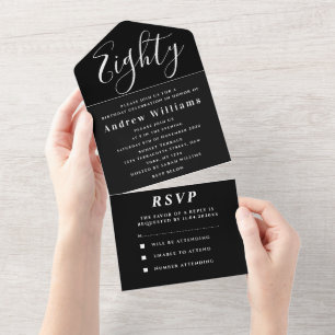 80th Birthday Party Black White Simple Modern All In One Invitation