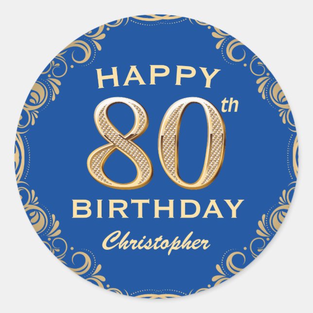80th Birthday Party Blue and Gold Glitter Frame Classic Round Sticker (Front)