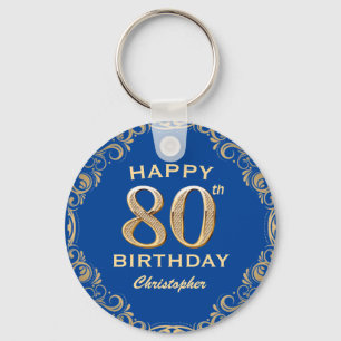 80th Birthday Party Blue and Gold Glitter Frame Keychain