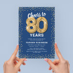 80th Birthday Party Blue Gold Invitation<br><div class="desc">Elegant eightieth birthday party invitation featuring a trendy blue background that can be changed to any colour,  gold sparkly glitter,  eighty gold hellium balloons,  and a modern 80th birthday celebration text template that is easy to personalize.</div>