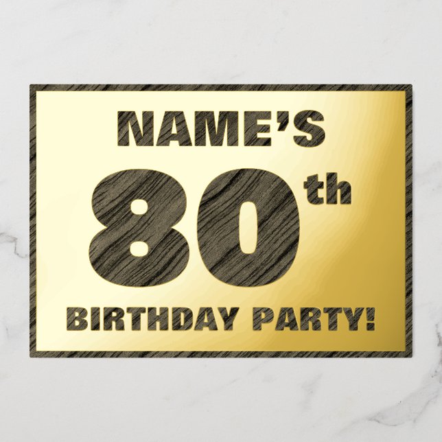 80th Birthday Party — Bold, Faux Wood Grain Text (Front)
