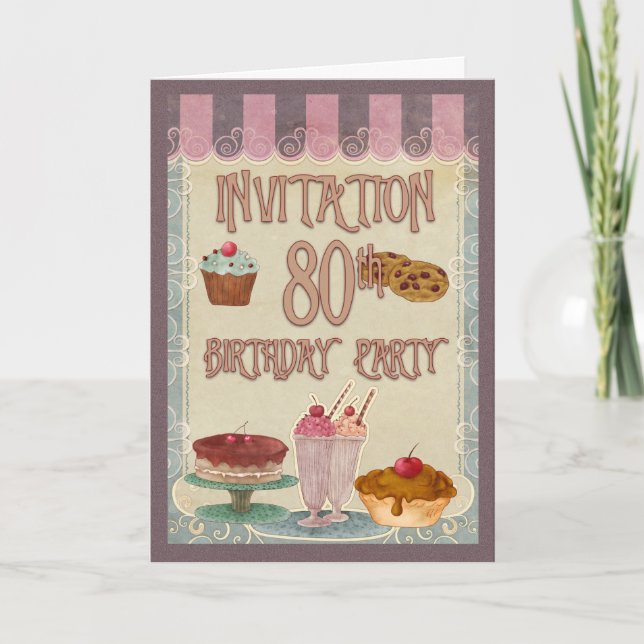 80th Birthday Party - Cakes, Cookies, Ice Cream Invitation (Front)