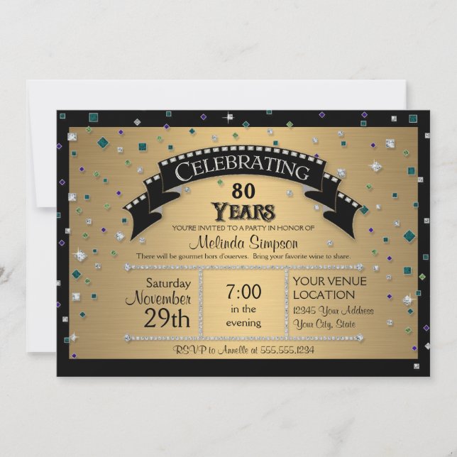 80th Birthday Party Celebrate Faux Jewel Confetti Invitation (Front)