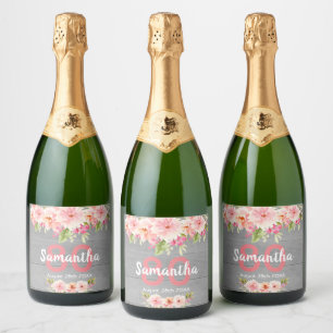 80th birthday party coral dahlia flowers grey sparkling wine label