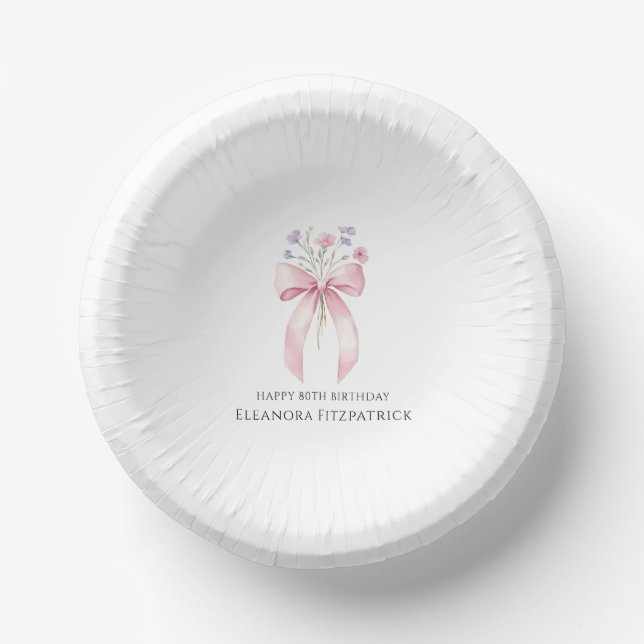 80th Birthday Party Custom Bow Wildflower Paper Plate (Front)