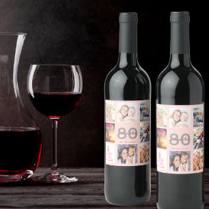 80th birthday party custom photo collage rose gold wine label