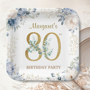80th Birthday Party Dusty Blue Peony Gold Paper Plate