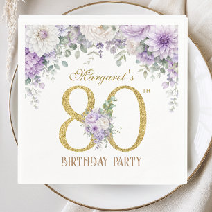80th Birthday Party Elegant Gold Purple Floral Napkin