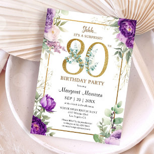 80th Birthday Party Elegant Gold Purple Peony Invitation